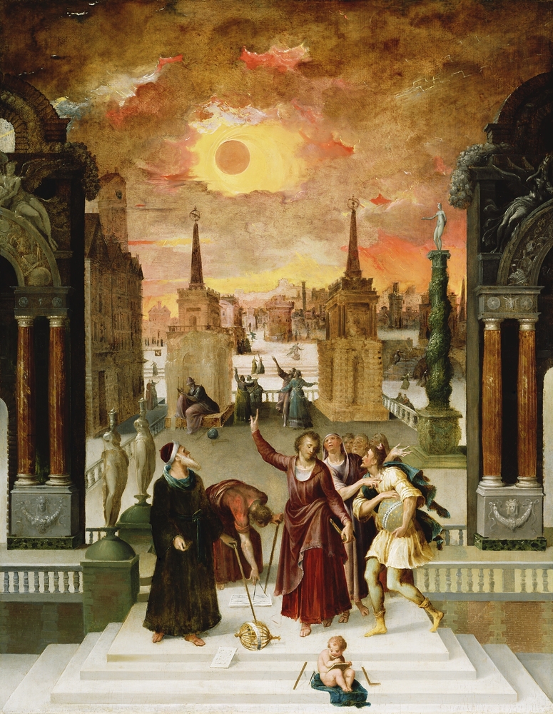 a small group of men and women stand on steps near large columned buildings; the central woman points to the glowing sun